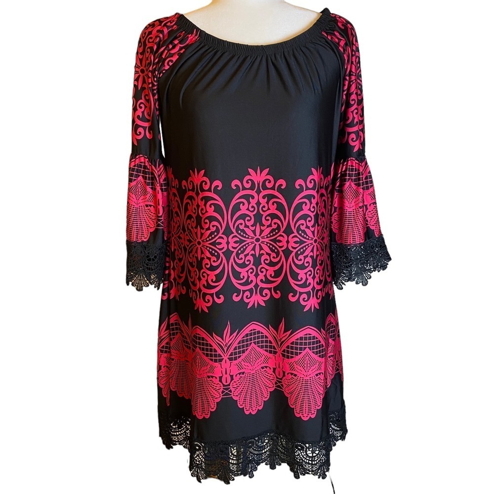 NWT White‎ Mark Black and Fuchsia Lace Trimmed Shift Dress Sz M